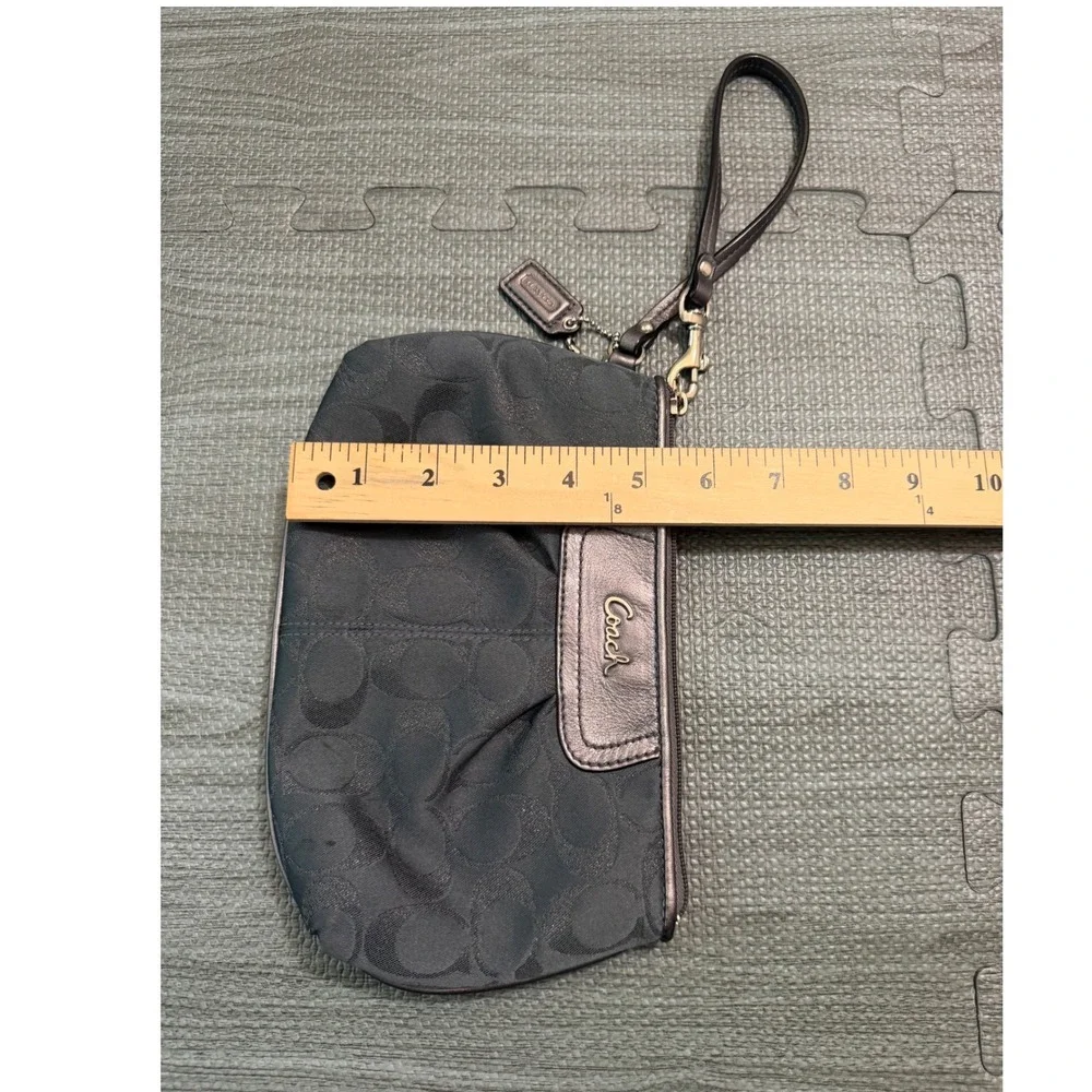 Coach Signature Wristlet Black Pewter Metallic Leather Trim Purple Lining